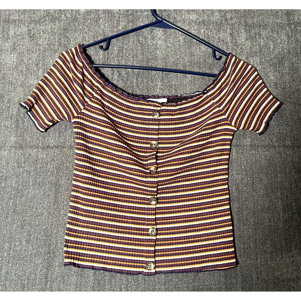 Eyecandy Womens M Striped Knit Scoop Neck Button Front Short Sleeve Crop Top